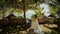 A beautiful bride in a white long wedding dress walks along a path among the palm trees to the groom. Solemn moment. The