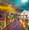 Beautiful bridge over Melaka River at sunset. Malacca, Malaysia