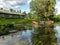 Beautiful and bright boat on the banks of Seda river,