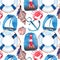 Beautiful bright colorful lovely summer marine beach pattern of lifebuoy, blue anchor, red white seamark, red crabs, pastel cute s