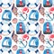 Beautiful bright colorful lovely summer marine beach pattern of lifebuoy, blue anchor, red white seamark, red crabs, pastel cute s