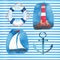 Beautiful bright colorful lovely summer ocean marine beach pattern of lifebuoy, blue anchor, red white seamark and dark blue ancho
