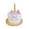 Beautiful bright delicious birthday cake for girls decorated in form of fantasy unicorn. Isolated on white