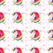 Beautiful bright fairy magical colorful pattern of unicorns with rainbow in red spray watercolor