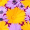 Beautiful bright floral seamless pattern of big yellow flowers and delicate little lilac daisies on lilac background