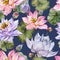 Beautiful bright floral seamless pattern. Purple and pink lotus flowers with bid leaves on dark blue background.