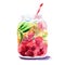 Beautiful bright fresh tasty juicy delicious lovely cute colorful detox bank with red mulberries, ripe green limes and oranges and