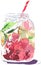 Beautiful bright fresh tasty juicy delicious lovely cute colorful detox bank with red raspberries, ripe green limes and oranges an