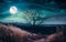 Beautiful bright full moon above wilderness area in forest. Serenity nature background