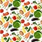 Beautiful bright graphic art vegetarian healthy pattern of organic vegetables: potato, tomato, beetroot, shallot, eggplant, corn,