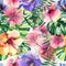 Beautiful bright lovely colorful tropical hawaii floral herbal summer pattern of tropical flowers hibiscus and palms leaves waterc