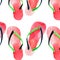 Beautiful bright lovely cute comfort summer pattern of beach red green flip flops watercolor hand illustration