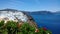 Beautiful bright panoramic view of Oia in Santorini - the white buildings, the bright sea and beautiful plants in the foreground