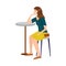 Beautiful brown-haired woman in a yellow skirt sitting at a table on a chair and thinking of something. Vector