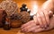 Beautiful brown manicure on a bamboo background