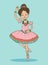 Beautiful brunette ballerina girl dancing in shiny pink dress.