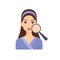 Beautiful Brunette with Dry Skin on her Face. Magnifying Glass and Problem skin Close-up. Flat cartoon color fashion style.