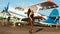 Beautiful brunette with long black curly hair posing near the ancient airplane. Fashion Lifestyle, Portrait