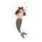 Beautiful brunette mermaid with long hair and fish tail. Cute underwater fairy character in shell bra winking and waving