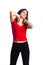 beautiful brunette teenager sport girl in red shirt is exercising, white background