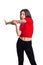 beautiful brunette teenager sport girl in red shirt is exercising, white background