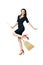 Beautiful brunette woman in black dress and red shoes posing with a broom, like a housewife isolated on a white background