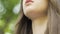 Beautiful brunette woman closed eyes meditation in park, inner peace, calm mind