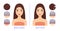 Beautiful Brunette Woman with Dandruff on Hair. Treatment of Scalp. Before and After. Seborrhea Icons. Happy Lady with Clean Hair