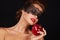 Beautiful brunette woman with lace eating red apple healthy food, tasty food, organic diet, smile healthy, boac