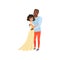 Beautiful brunette woman and strong african american man hugging, embraces of a loving couple vector Illustration