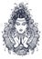Beautiful Buddha face with hands over high-detailed floral decoration. Sign for tattoo, textile print.