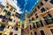 Beautiful buildings of Palma de Mallorca and colorful strips between them