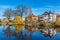 Beautiful buildings stretched alongside Svartan river in Orebro, Sweden