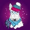 A beautiful bull terrier with a hat and a winter scarf. New Year`s and Christmas. Pedigree dog.