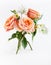 Beautiful bunch with coral roses with green leaves on white background