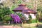 Beautiful bungalow houses on Koh Phangan island in Thailand. The sun  palm trees and flowers