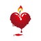 Beautiful burning candle in the shape of a red heart melts beautifully on a white background.