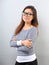 Beautiful business positive woman in glasses looking with thinking look on empty space background.