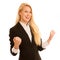 Beautiful business woman gesture success with arms up isolated o