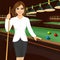 Beautiful business woman holding cue stick