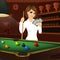Beautiful business woman holding cue stick and fan of money