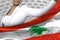 Beautiful business woman holds Lebanon flag in front on the modern architecture background - flag concept 3d illustration