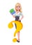 Beautiful businesswoman cartoon characterBusiness woman stands near question mark and holds money. Beautiful businesswoman cartoon
