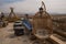 Beautiful cafe in Uchisar. Wicker chair. Panoramic view of the mountains and rocks in the valleys. Cappadocia, Nevsehir Province,