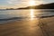 Beautiful and calm golden sand beach with small waves lapping at the shore and driftwood coral at sunset