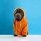 Beautiful, calm, purebred, chocolate colored dog, labrador wearing orange hoodie, sitting, looking at camera against