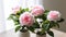 Beautiful camellia flowers in vase on table, closeup