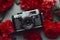 Beautiful camera with red flowers generative AI