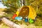 Beautiful campsite with tent, backpacks, day time