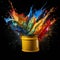 A beautiful can of paint exploding in several bright primary colors.